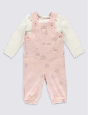 2 Piece Pure Cotton Cloud Print Bodysuit & Dungarees Outfit